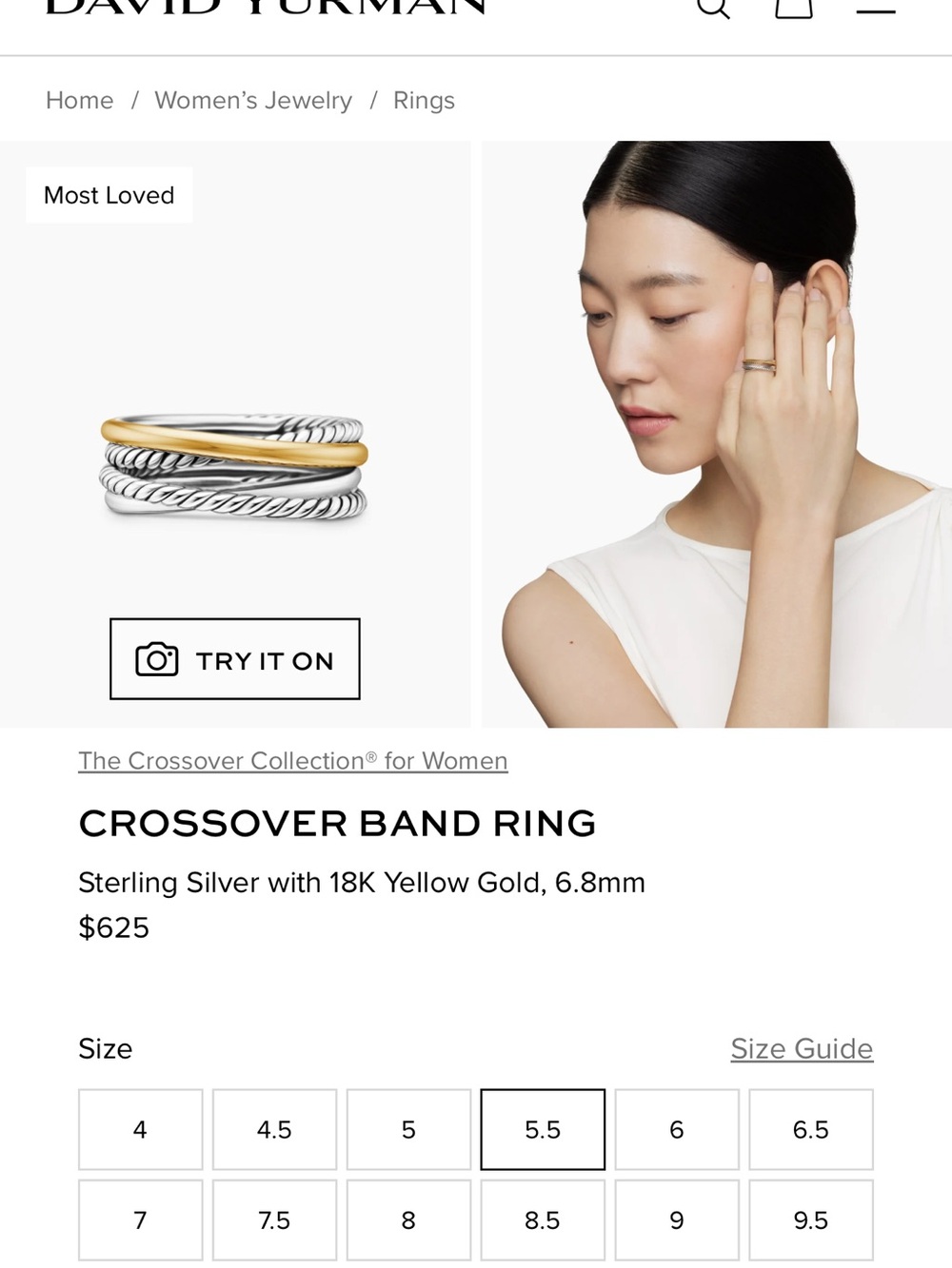 David Yurman Two-Tone Crossover Ring in Silver and Yellow Gold
